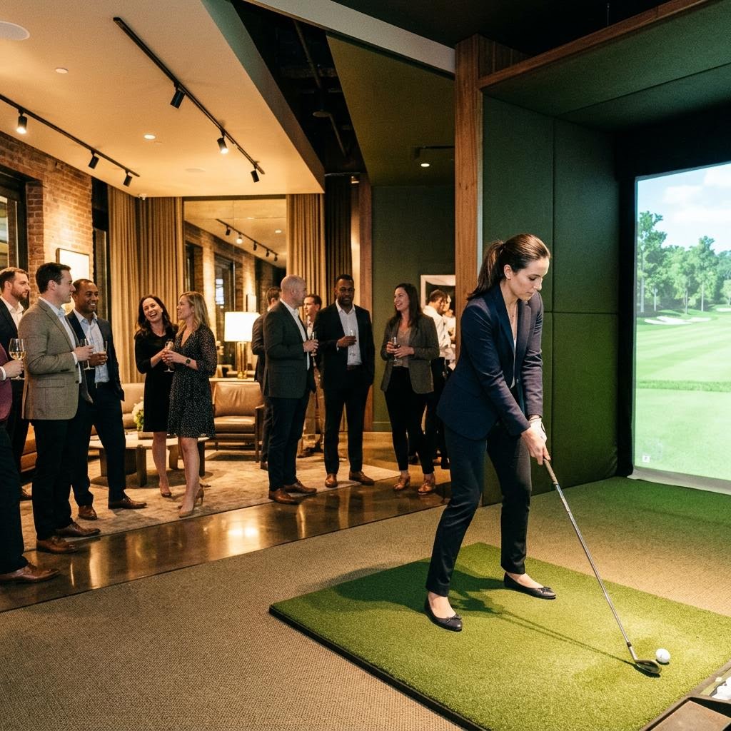 Guests gathering around a golf simulator set up inside the event space